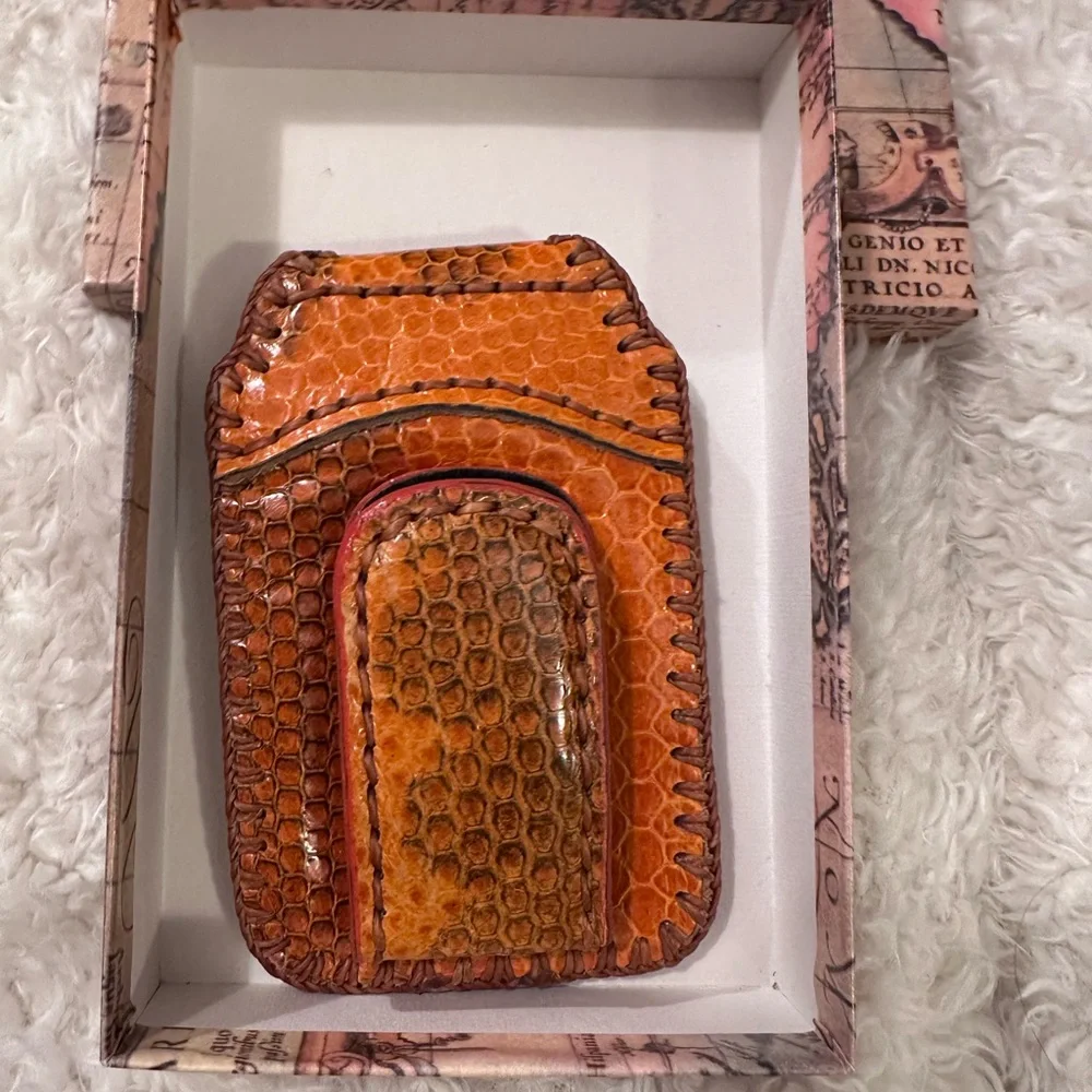 Hand Crafted Orange Leather Money Clip/Credit Card Holder
